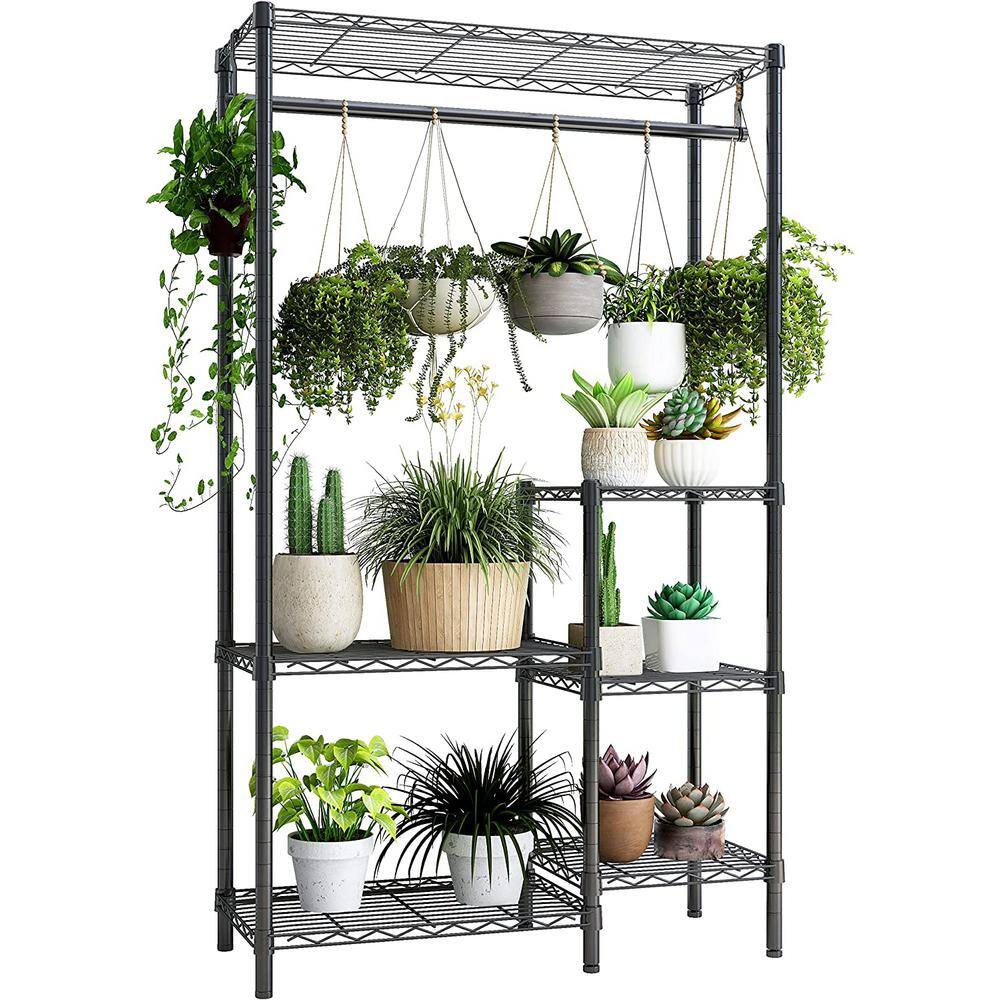 6-Tiers 16 Pots Metal Storage Rack Planter with Hanger Rod for Living Room Balcony and Garden Black B09MCVM9MV