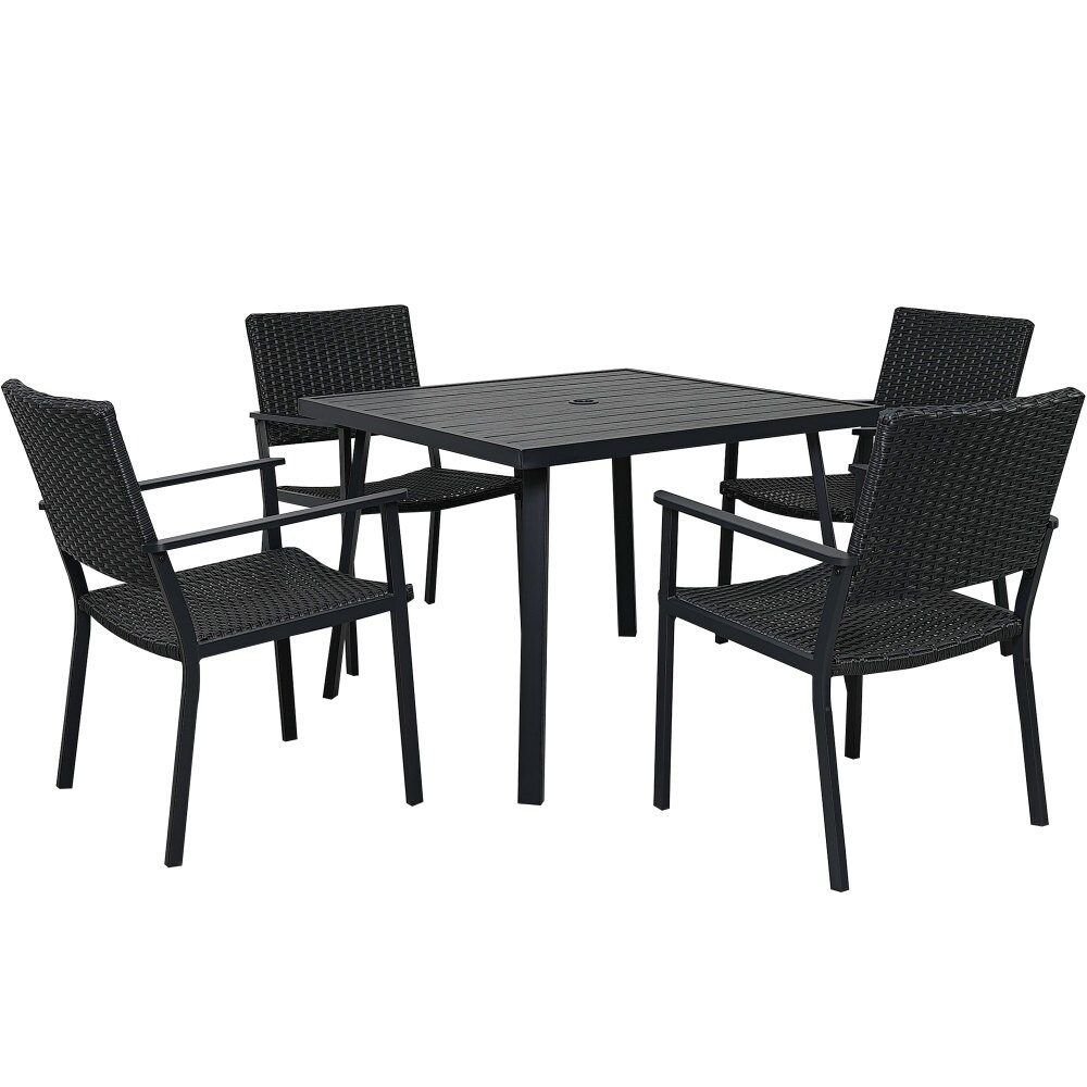 Patio PE Wicker 5 Piece Dining Table Set with Umbrella Hole Black