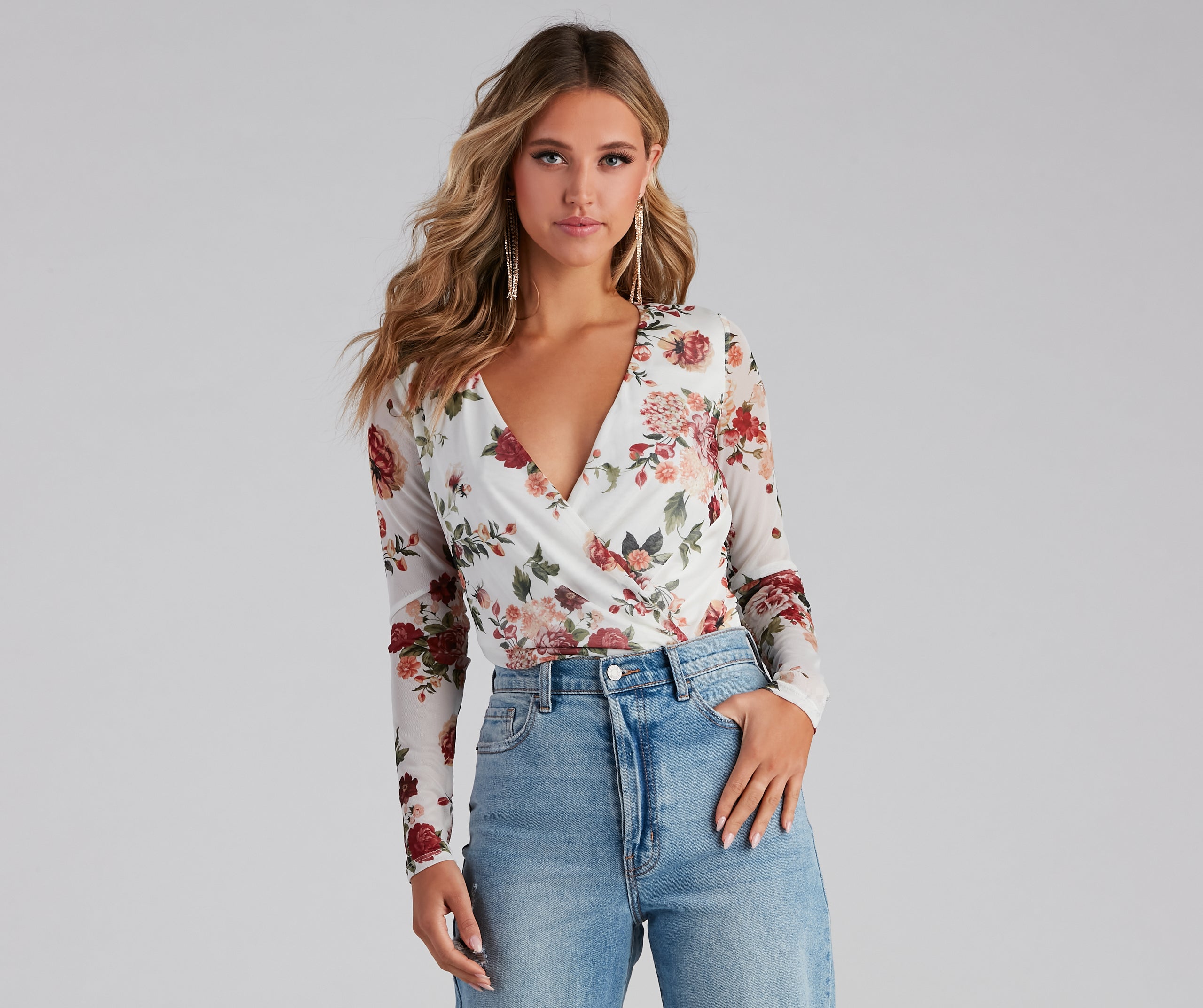 Natural Bloom Mesh Floral Surplice Bodysuit