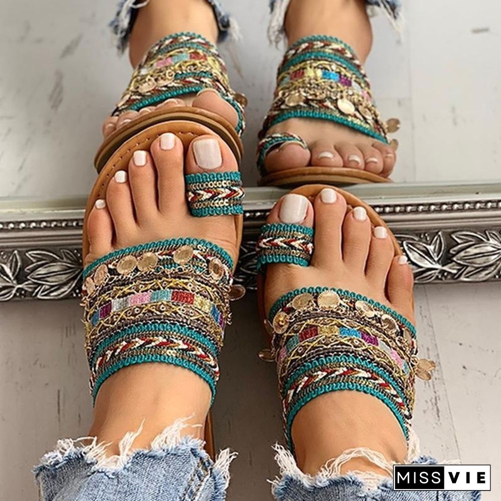 Women Fashion Summer Slipper Ethnic Boho Style Toe Ring Sandals