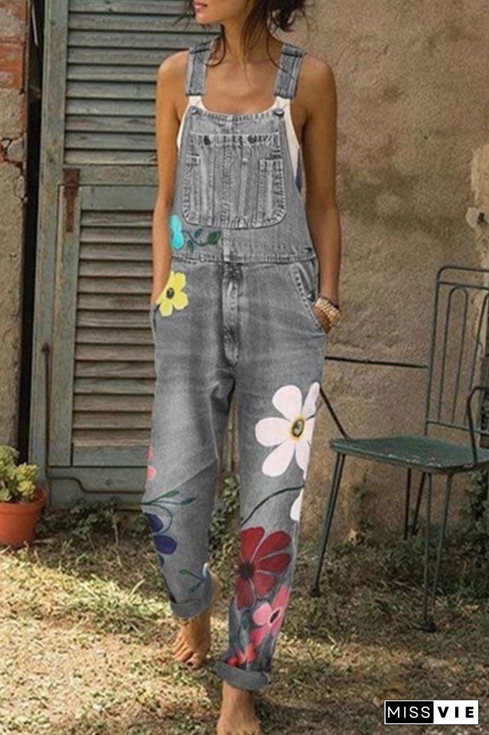 Fashion Flower Printed Denim Jumpsuits