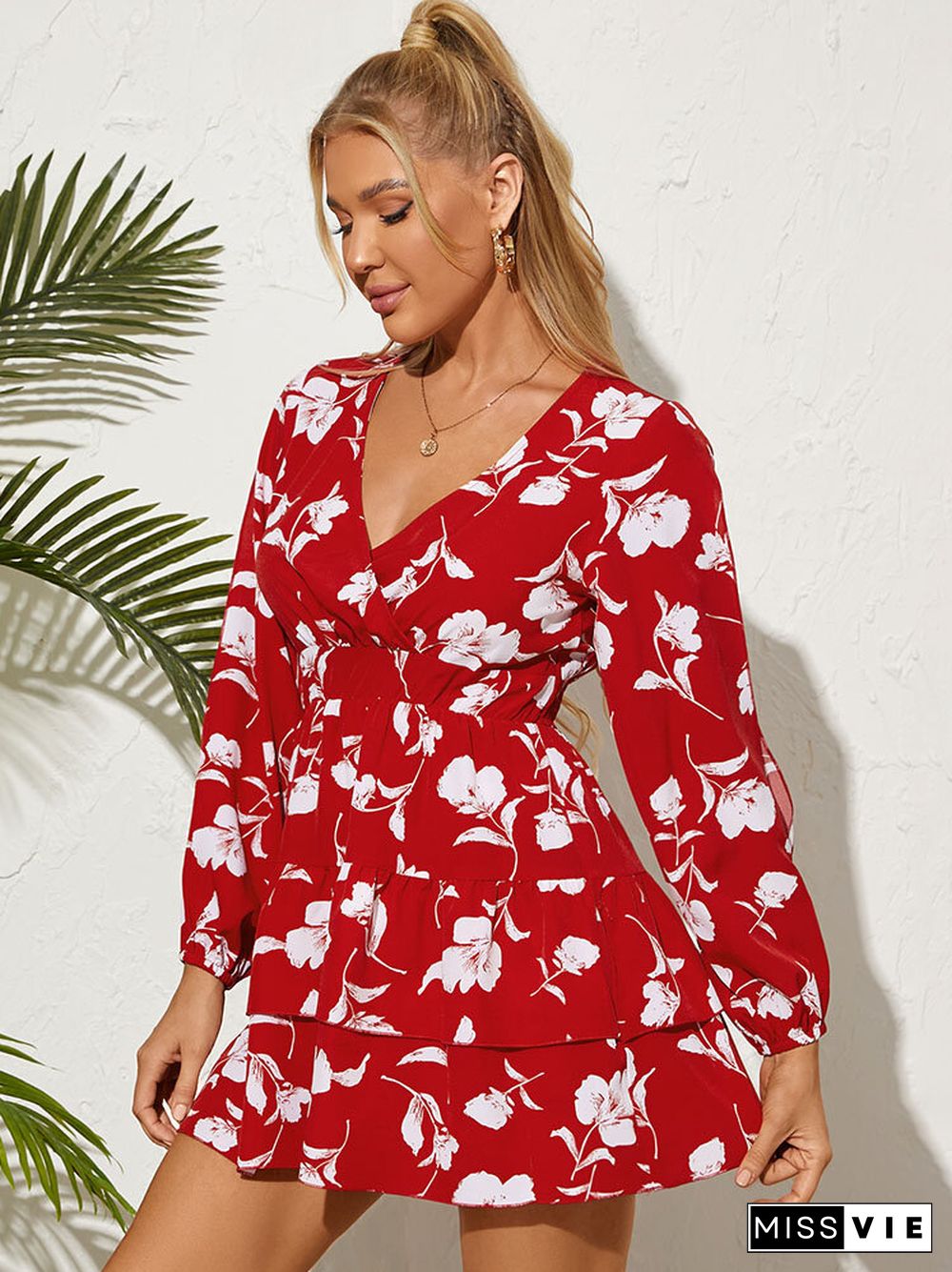 Flower Print Cut Out Layered Long Sleeve V-neck Dress