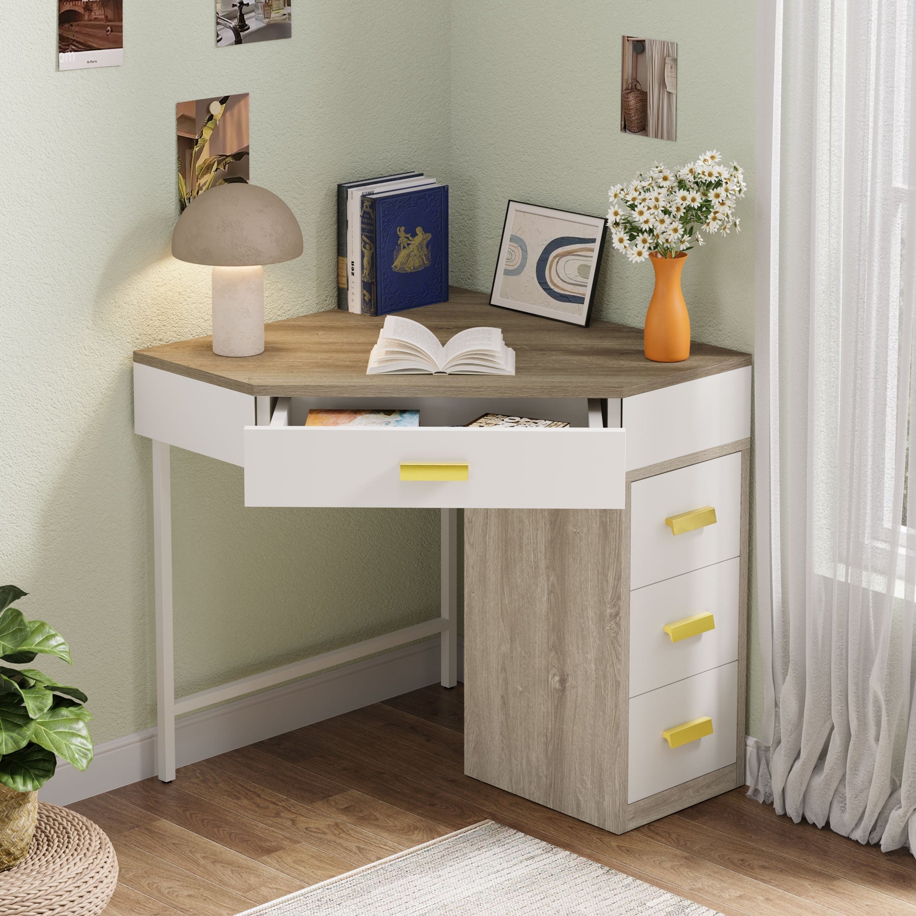 Corner Desk, Triangle Computer Desk Makeup Vanity Desk with 3 Drawers