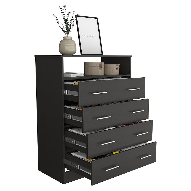 DEPOT E-SHOP Serbian Four Drawer Dresser， Superior Top， One Open Shelf， Black