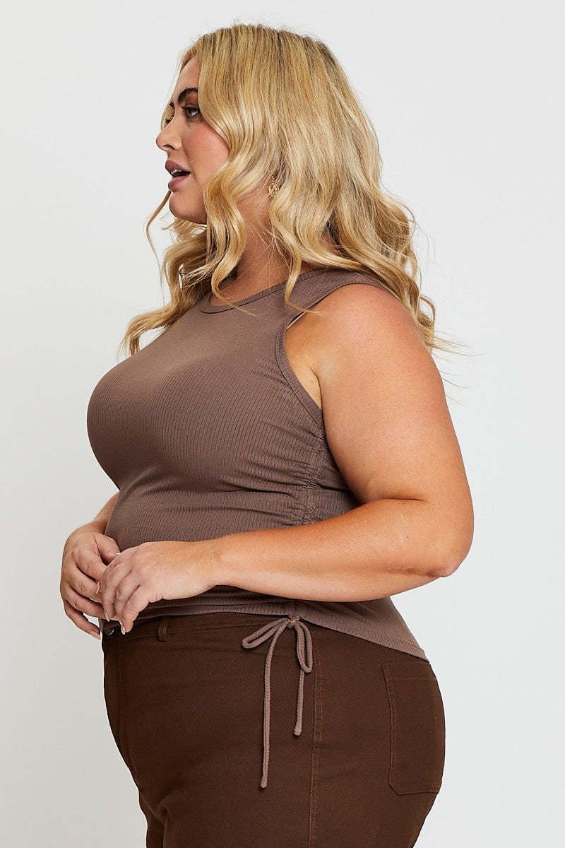 Brown Sleeveless Rib Jersey Drawstring Top