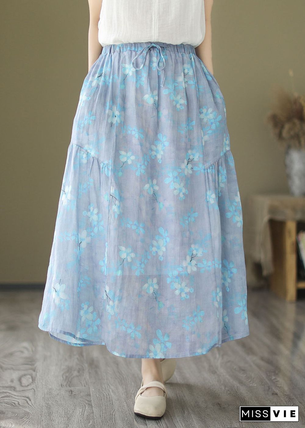 Italian Light Blue Wrinkled Print Elastic Waist Linen Skirt Summer