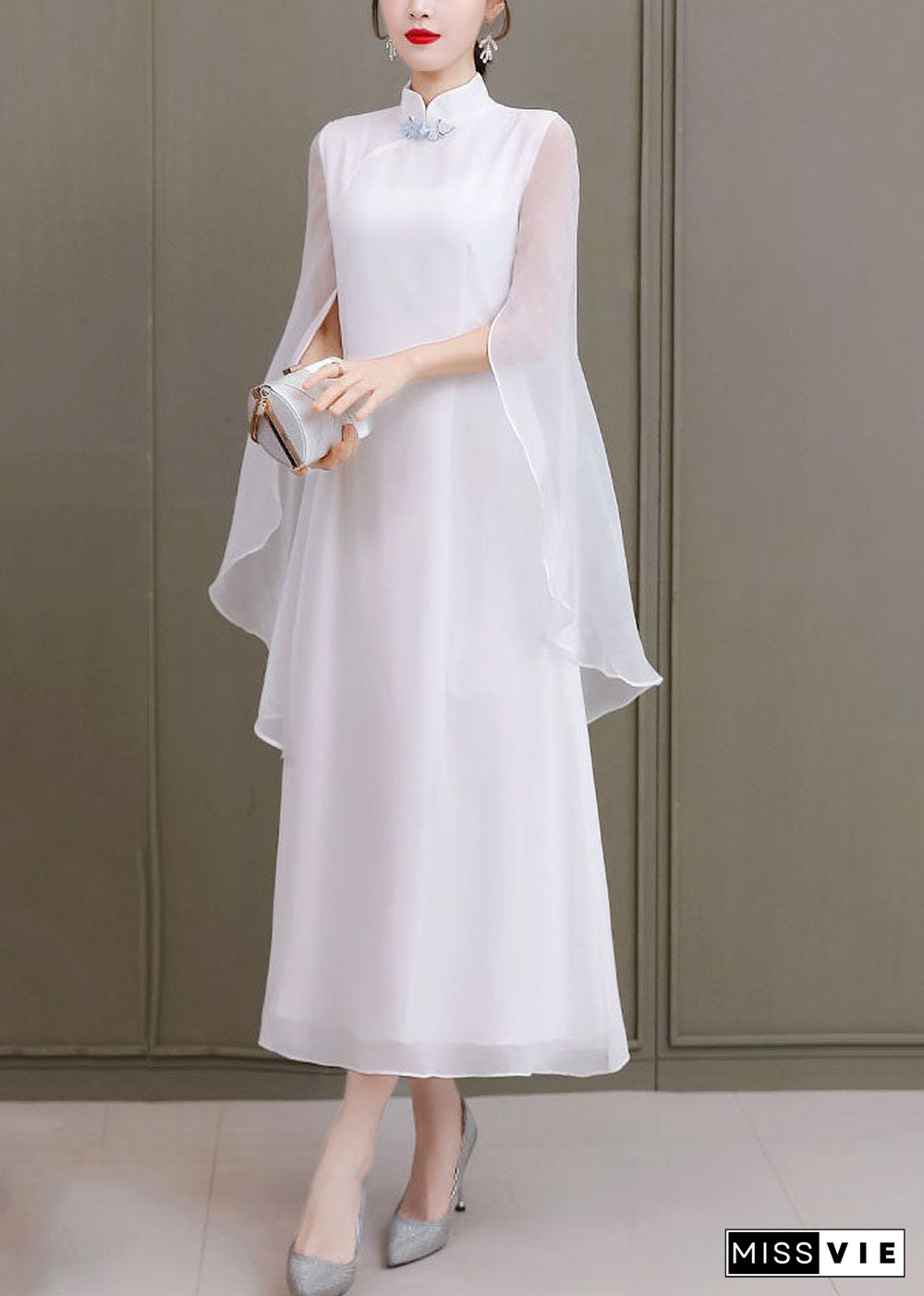 Vintage White Solid Mandarin Collar Shawl Chiffon Cheongsam Dress Sleeveless