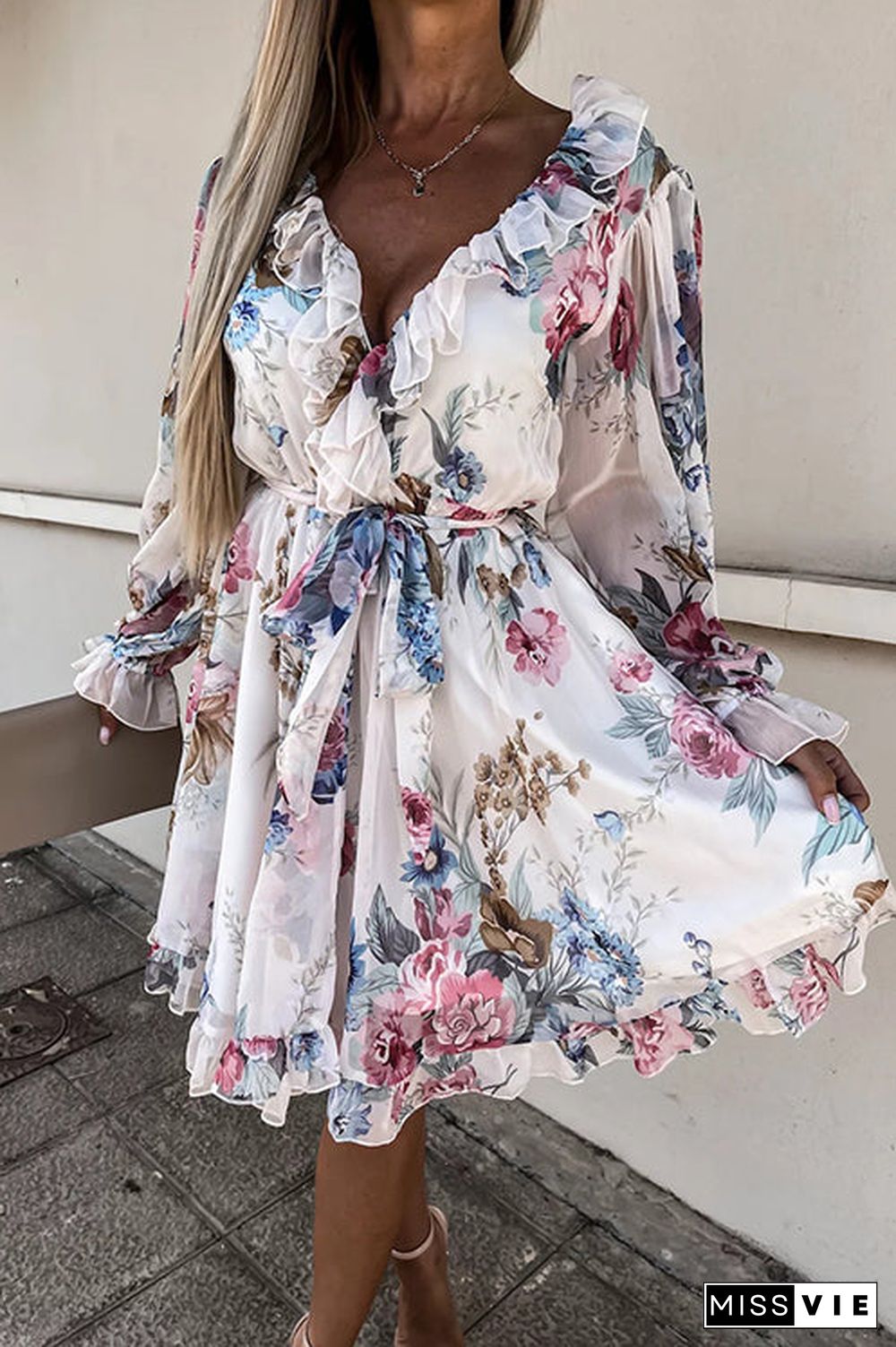 Ruffles Floral V Neck Long Sleeve Mini Dress