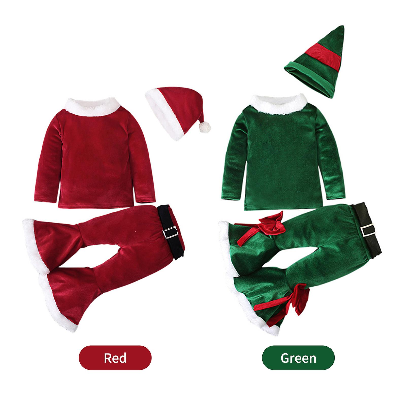 Christmas Clothes Set For Lovely Girls Long Sleeve Top Bell Bottom Coral Velvet Santa Costume For 1-7 Years Baby Girls， Green 90yd Green 100yd