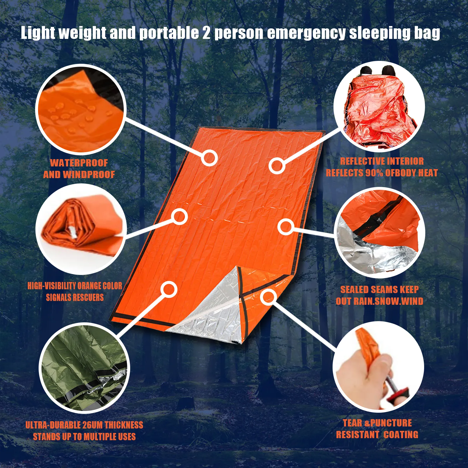 Waterproof Lightweight Emergency Mylar Sleeping Bag for Camping Hiking Outdoor Adventure Activities