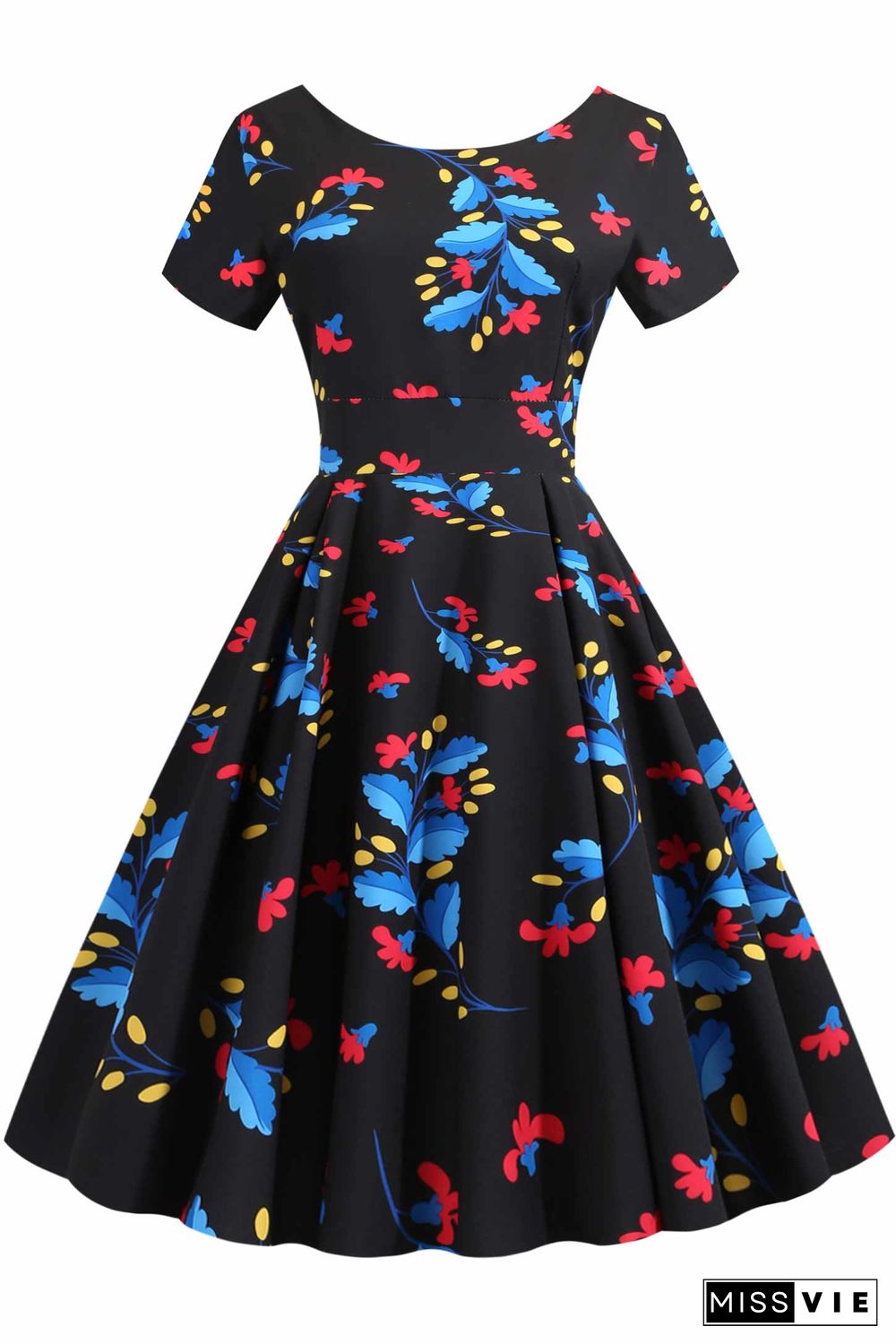 Retro Floral Print Scoop A-line Dress