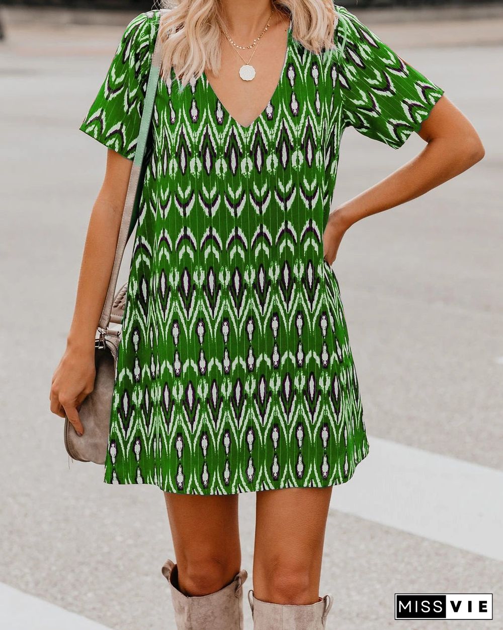 Spring/Summer Loose Short SleeveS V-Neck Print Dress Women'S Wear