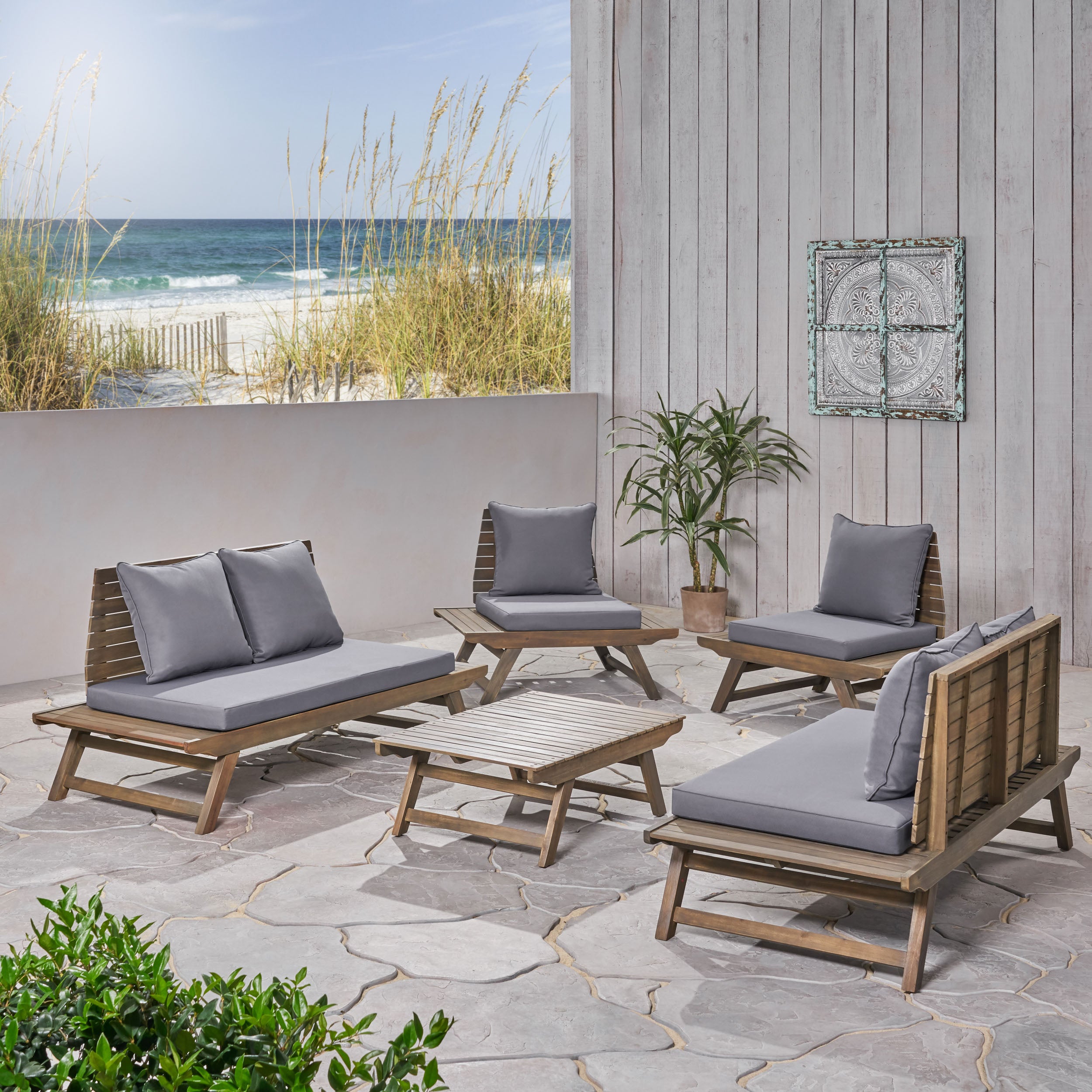 Hedy Outdoor Acacia Wood 6 Seater Chat Set