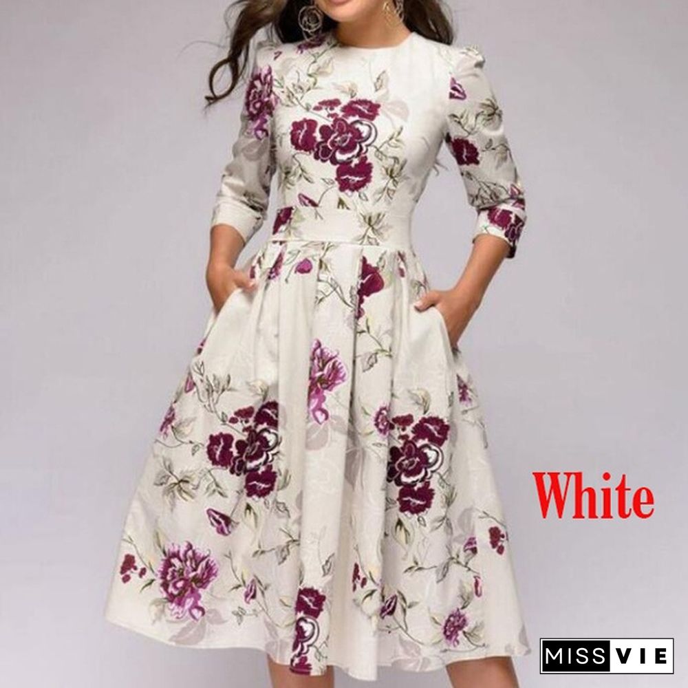 Women Elegent A-line Dress Vintage printing party vestidos Three Quarter Sleeve women Spring Dress(No Pockets)