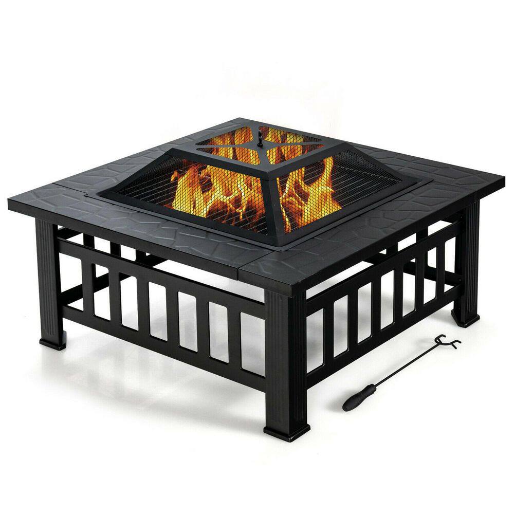 Gymax 32 in. 3-In-1 Outdoor Square Fire Pit Table with BBQ Grill Rain Cover for Camping GYM08940