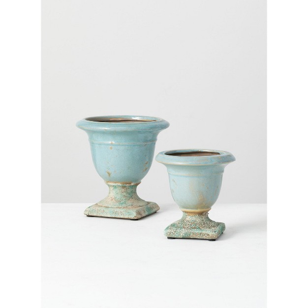 Shopsmaniay Set Of 2 Ceramic Urn Vases 6 25 quot h amp 5 quot h Blue