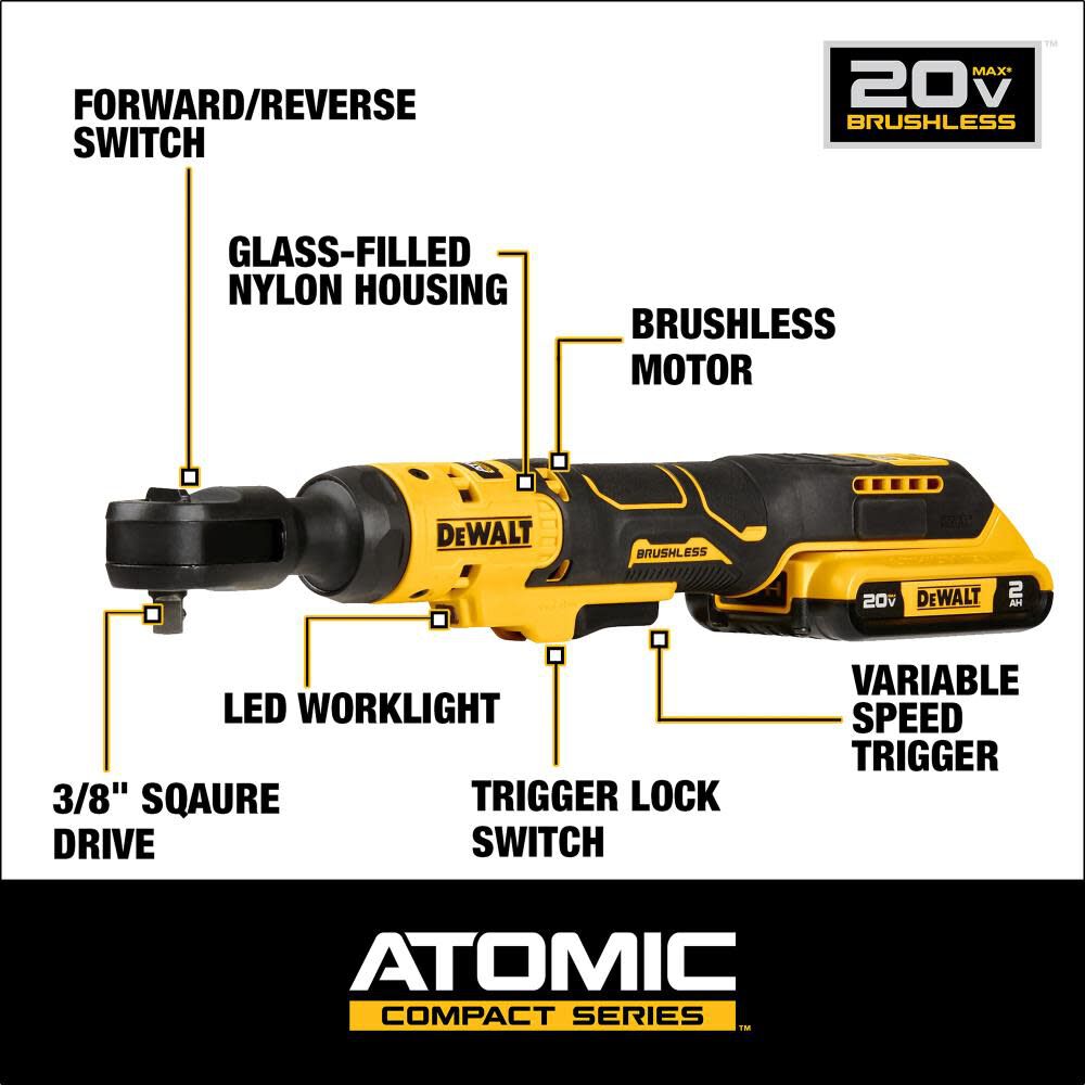 DW ATOMIC 20V MAX Ratchet Kit Brushless 3/8