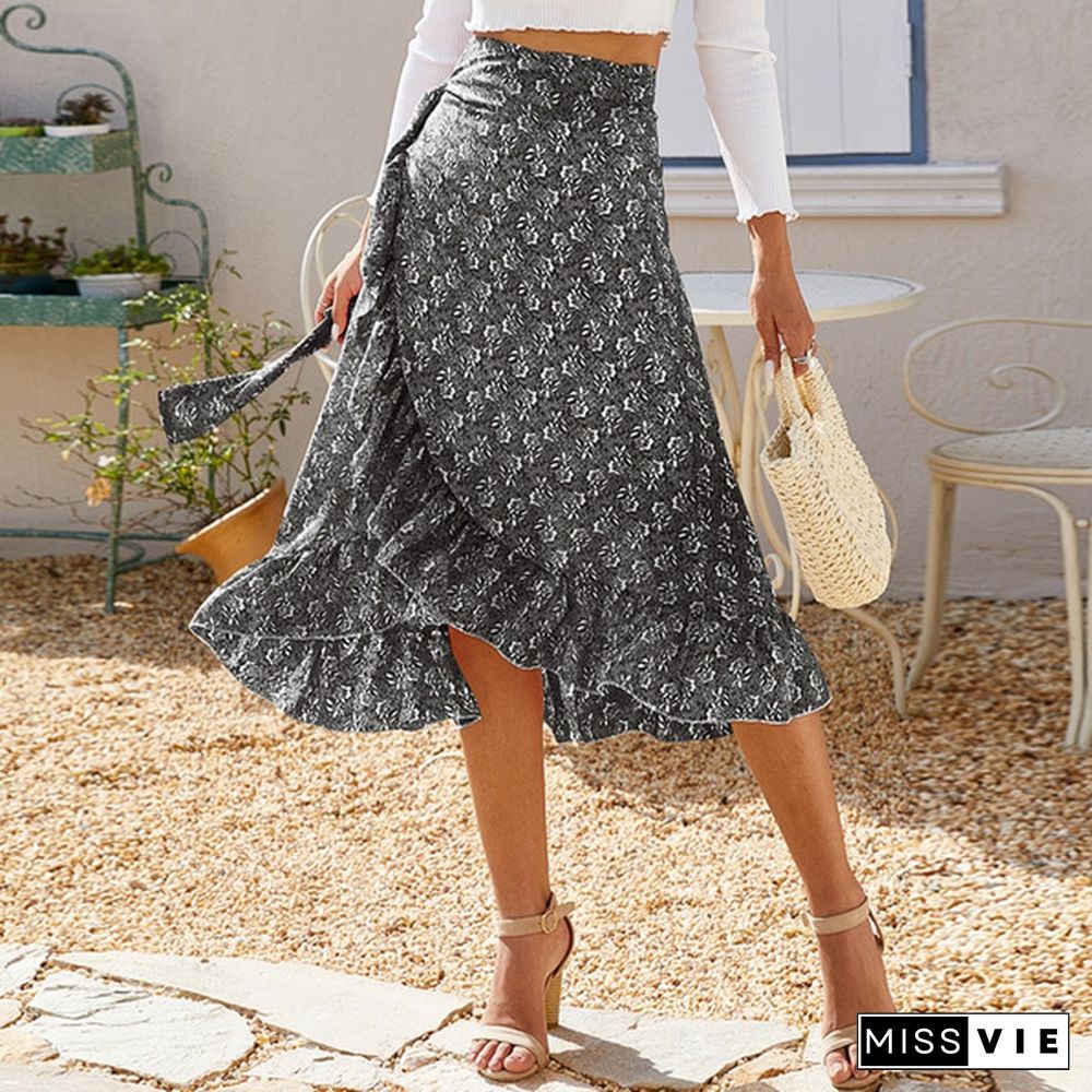 Summer Women Lace Up Split Boho Floral Print Irregular Dress Chiffon Skirt Holiday Beach Maxi Dress