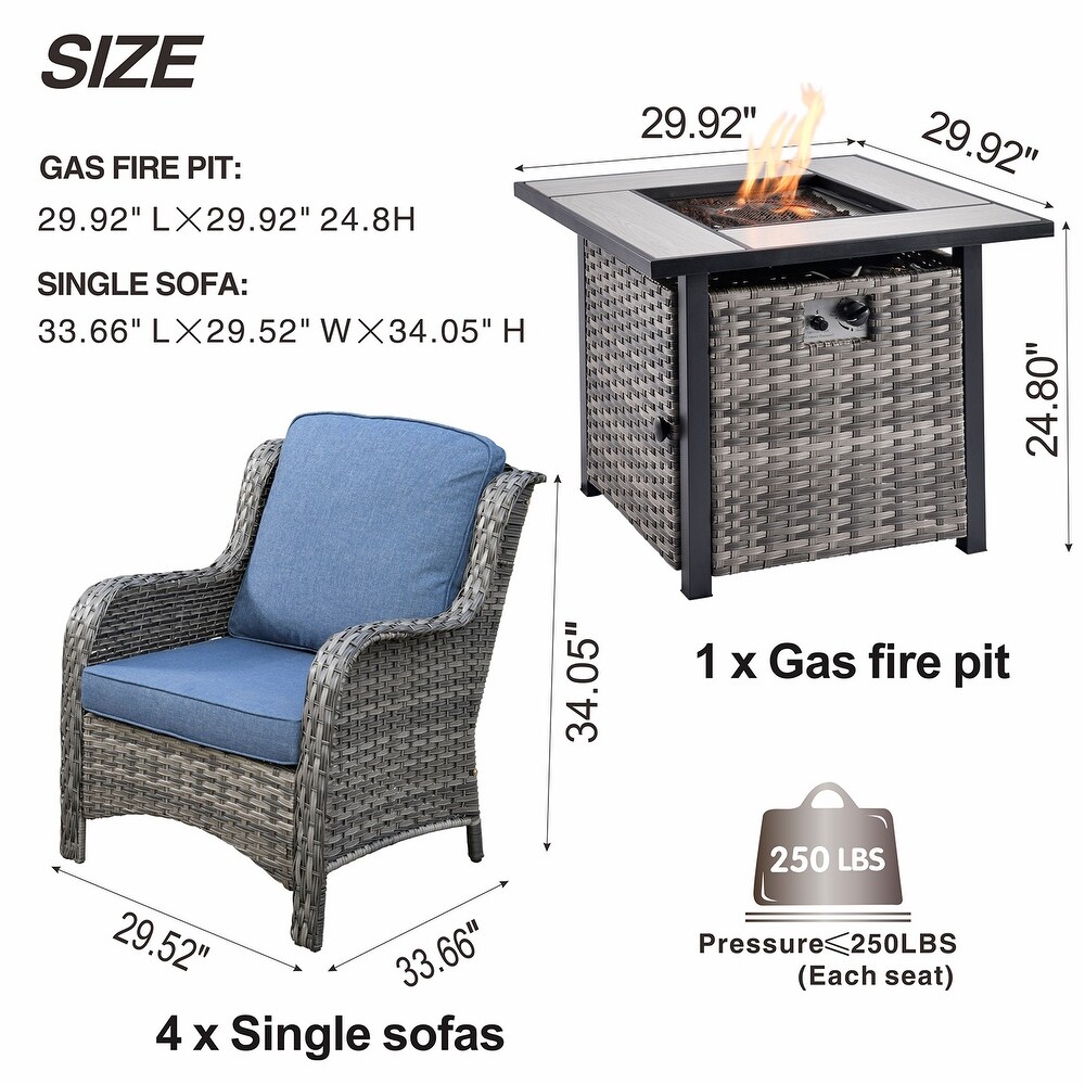 OVIOS Rattan Wicker 5 piece Patio Furniture Set Single Chairs With Fire Pit