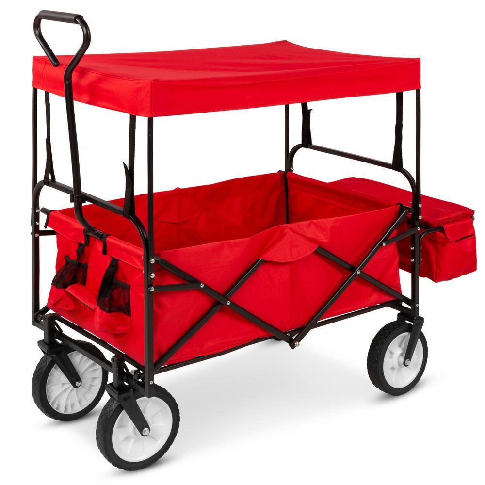 Best Choice Products 24 in. x 39 in. Utility Cargo Wagon Foldable Cart wRemovable Canopy Cup Holders in Red SKY1882