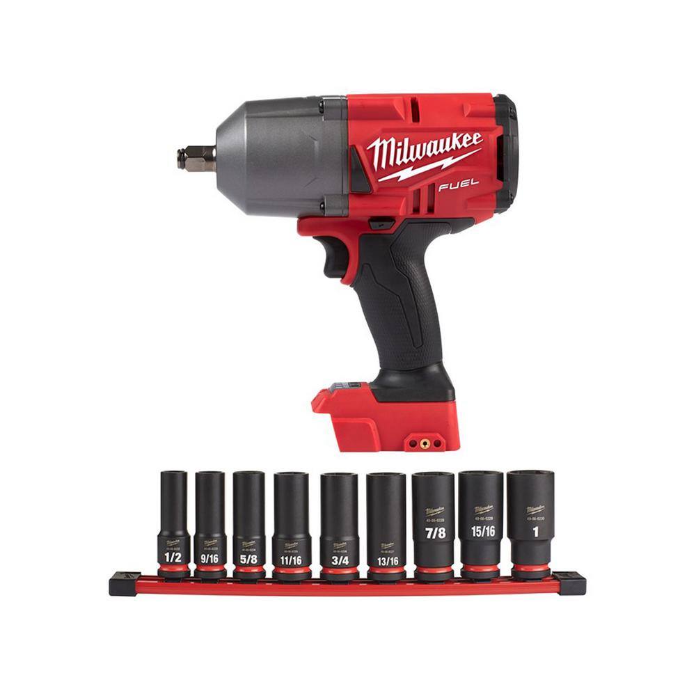 MW M18 FUEL 18V Lithium-Ion Brushless Cordless 12 in. Impact Wrench with SAE Deep Well Impact Socket Set (9-Piece) 2767-20-49-66-7022