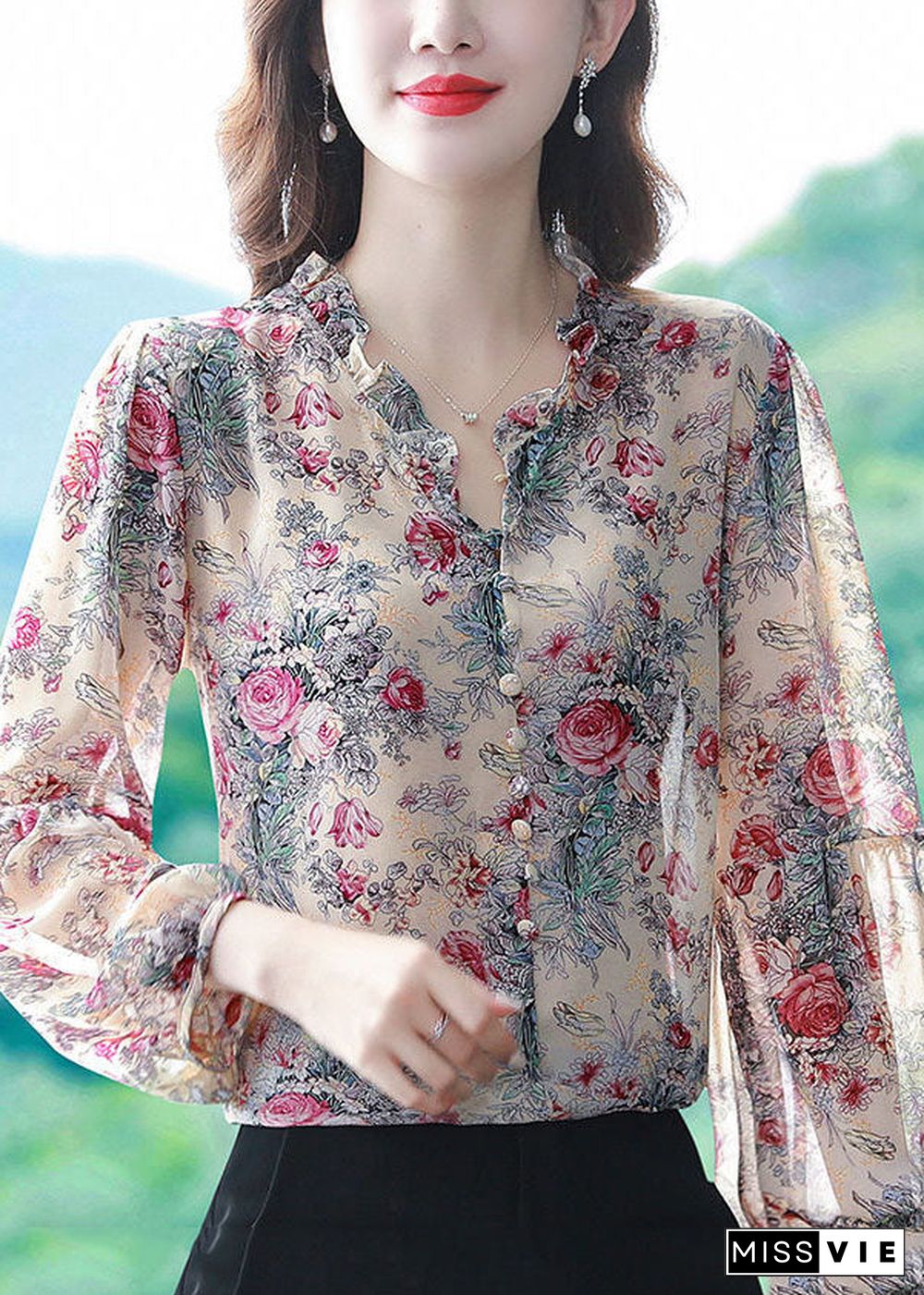 Bohemian Purple Ruffled Print Chiffon Shirts Spring