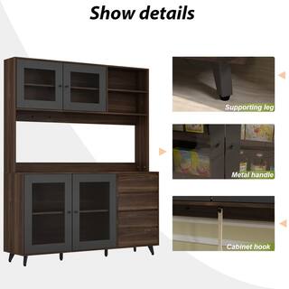 FUFUGAGA 63 in. L Brown Wood Kitchen Dining Food Pantries Sideboard with 4-Drawers Hooks Open Shelves Glass Doors KF210128-023-KPL-c