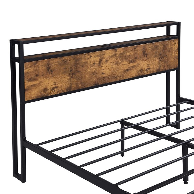 Industrial Queen/ Full Bed Frame with LED Lights and 2 USB Ports Rustic Brown