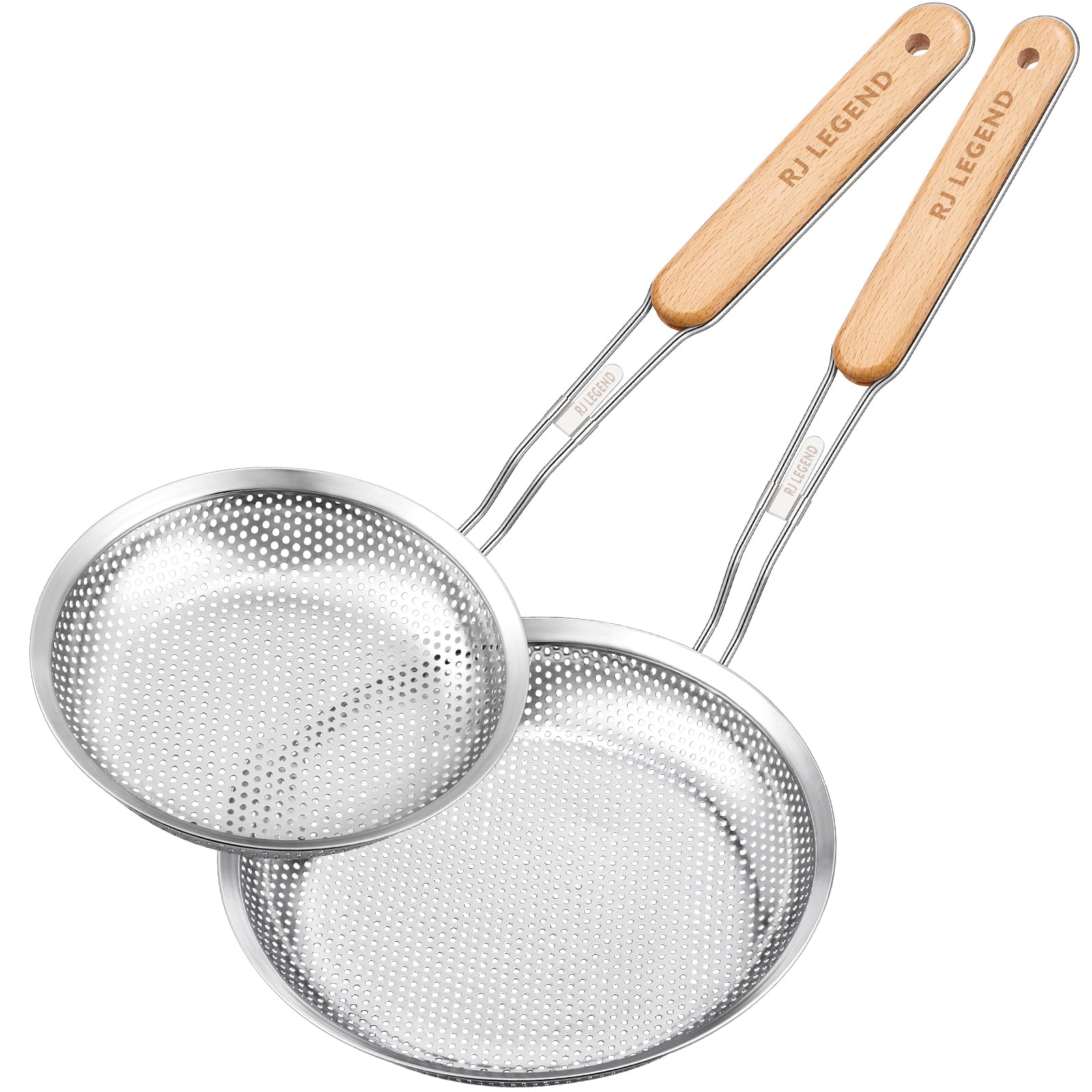 RJ Legend Stainless Steel Micro-Perforated Skimmer Strainer, Pasta Noodle Net Basket With Wooden Handle, 2 Pieces Kitchen Utensil Set - 6.4-inch and 8-inch Slotted Spoon Set