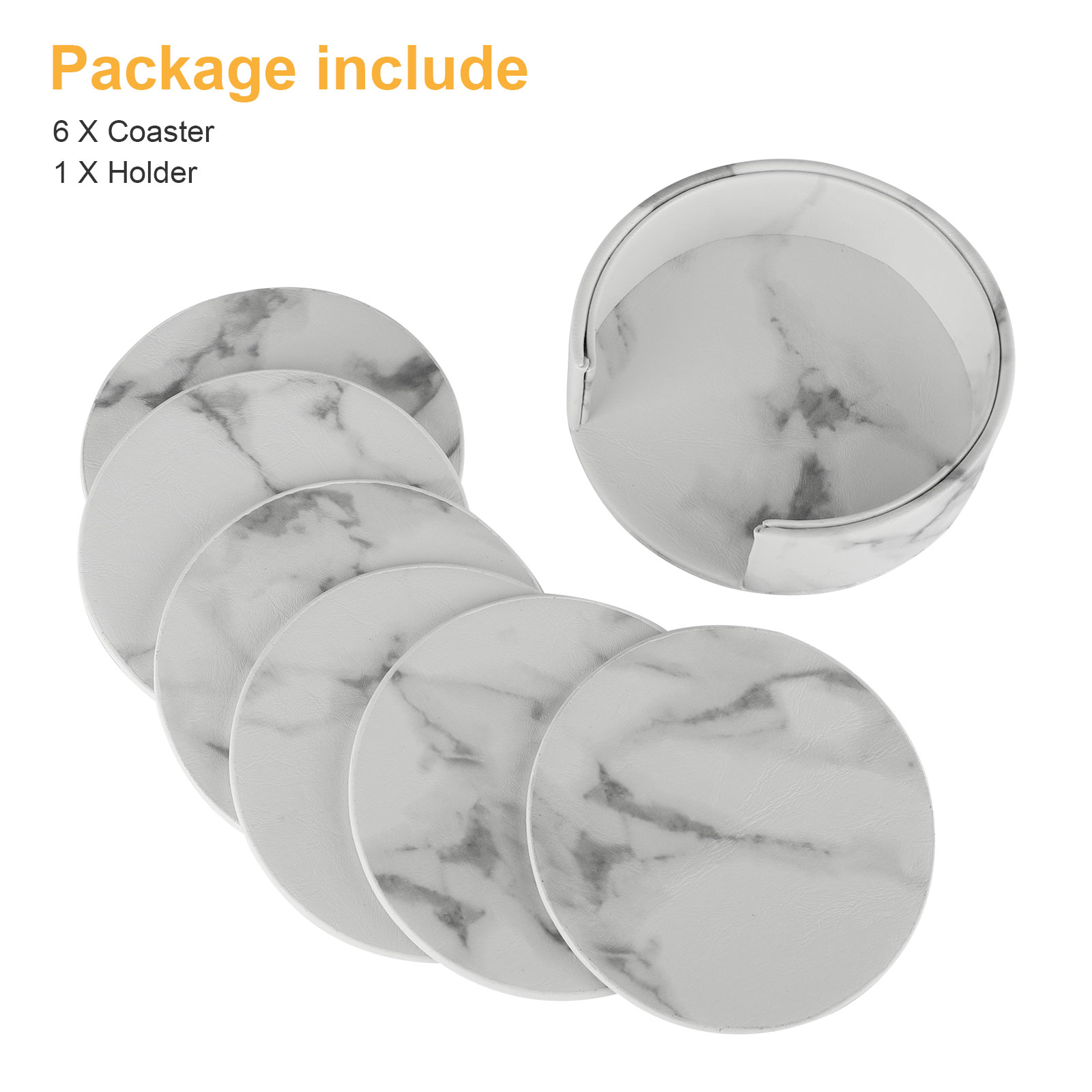 6pcs Leather Coasters， EEEkit Coasters for Drinks with Holder， Ceramic Stone Coasters with Marble Design， Round Cup Mat Pad Protects Furniture from Water Marks Scratch or Damage