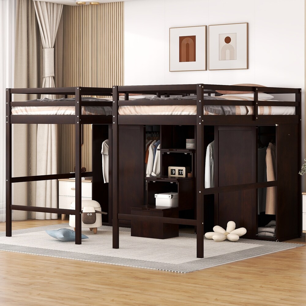 Wood Double Twin Size Loft Bed w/ Wardrobes   Storage Staircase Unisex