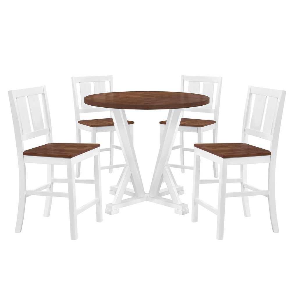 5 Pcs Counter Height Dining 41.7inch Round Table Set  Round Kitchen Set with 4 Slatted Back Dining Chairs