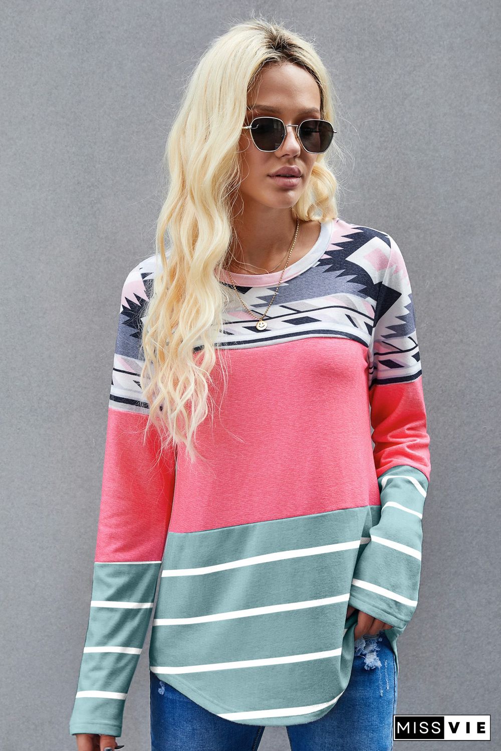 Pink Tribal Striped Long Sleeve T-shirt