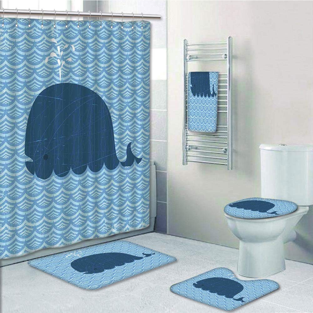 PRTAU Little Whale Water on Top with Deco Wavy Like ed for Kids Room 5 Piece Bathroom Set Shower Curtain Bath Towel Bath Rug Contour Mat and Toilet Lid Cover