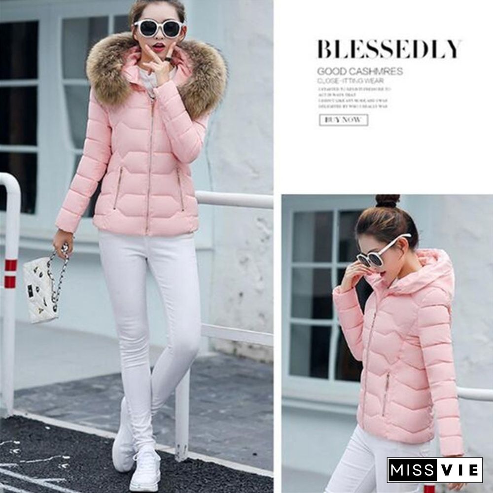 Autumn Winter New Fashion Women Short Coat Cotton-Padded Jacket Large Size Hooded Jacket Warm Cotton Female Fur Collar Hoody Parka Xs-Xxxl