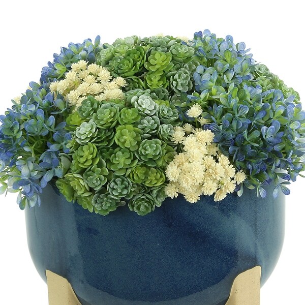 Snowball Hydrangea，Succulent and Baby's Breath Florals Arranged in a Ceramic Pot