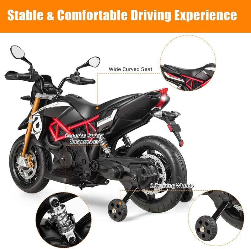 Licensed Aprilia Kids Ride on Motorcycle 12V Battery Powered Dirt Bike Riding Toy Motorbike with Training Wheels