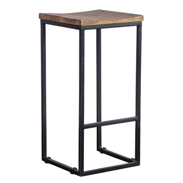 Iron Base Counter Height Stool with Wooden Saddle Seat， Brown and Black