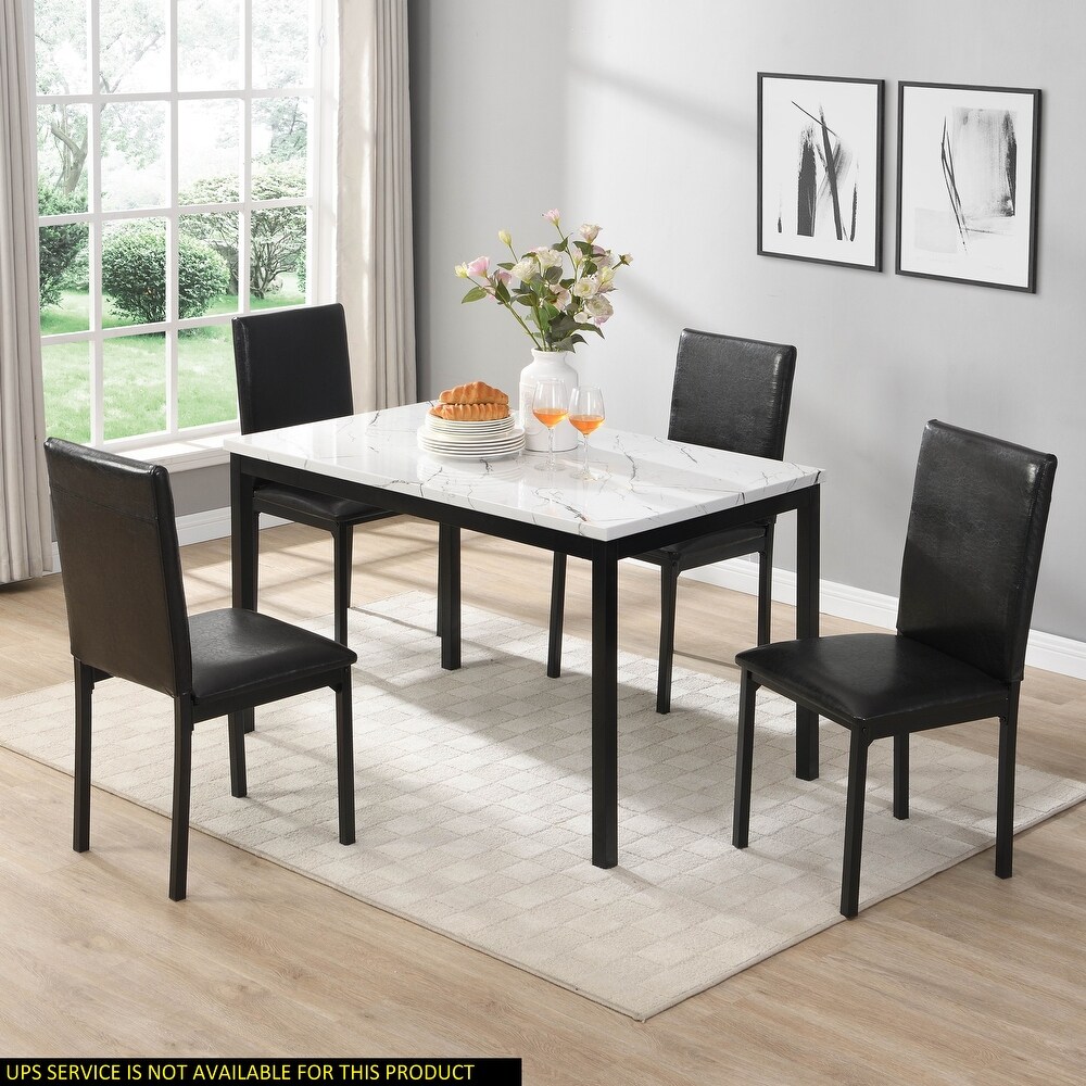 5pc Dining Set  Faux Marble Top Table and 4x Side Chais  Metal Frame Dining Furniture