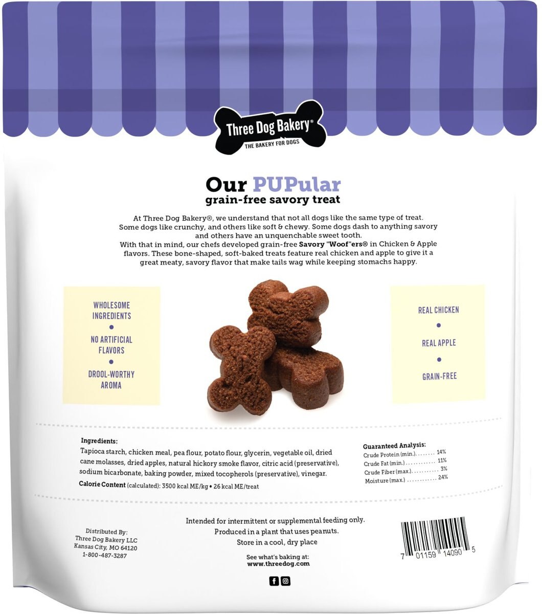 Three Dog Bakery Soft Baked Savory Woofers Chicken and Apple Flavor Grain-Free Dog Treats