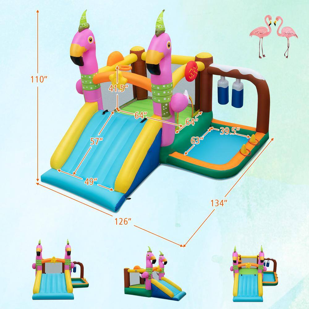 Costway Flamingo-Themed Bounce House 7-in-1 Kids Inflatable Jumping House with 750-Watt Blower NP10857+ES10151US