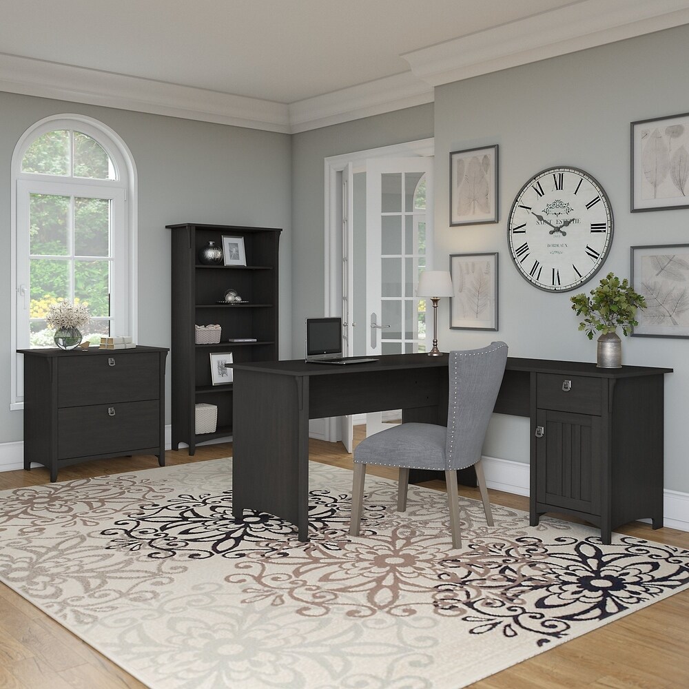 L shaped Desk with Lateral File Cabinet and Bookcase in Vintage Black