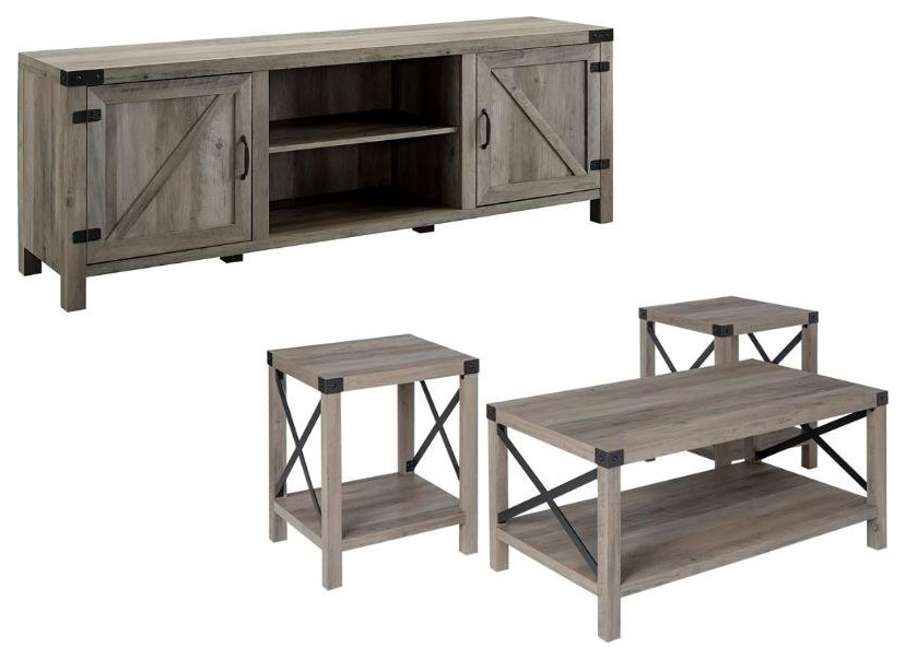 4 Pieces Metal Barn Door TV Stand Coffee Table  amp2 End Table Set in Gray Oak   Industrial   Living Room Furniture Sets   by Homesquare  Houzz