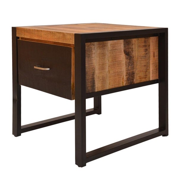 24 Inch Single Drawer Wooden Side Table with Metal Frame， Brown and Black - 24 L X 24 W X 24 H Inches