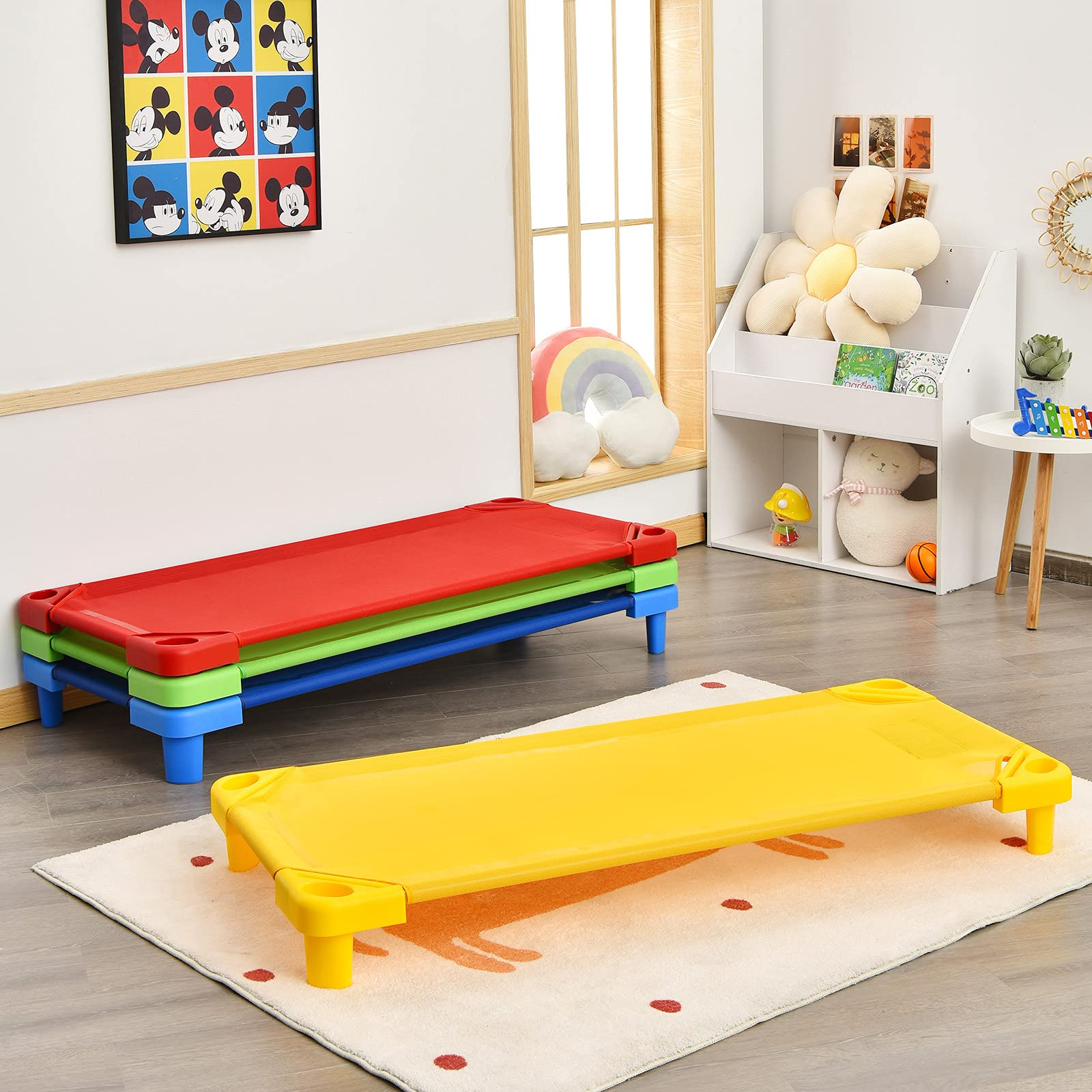 Kids Stackable Naptime Cot, Toddler Daycare Rest Mat w/Easy Lift Corner Detachable Oxford Cloth (Multicolor)