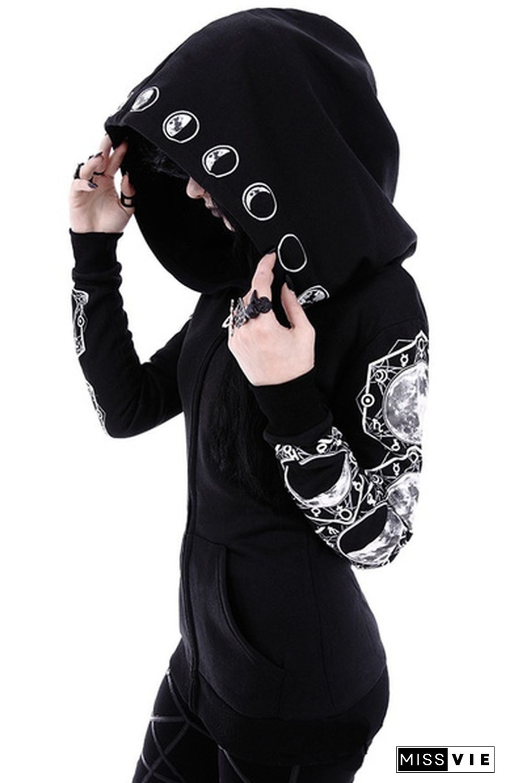 Women's Fashion Cosplay Coat  Hooded Jacket  Print Gothic Punk Long Sleeve Witch Moon Hoodie Zipper Hoodies Casual Plus Size S-5XL