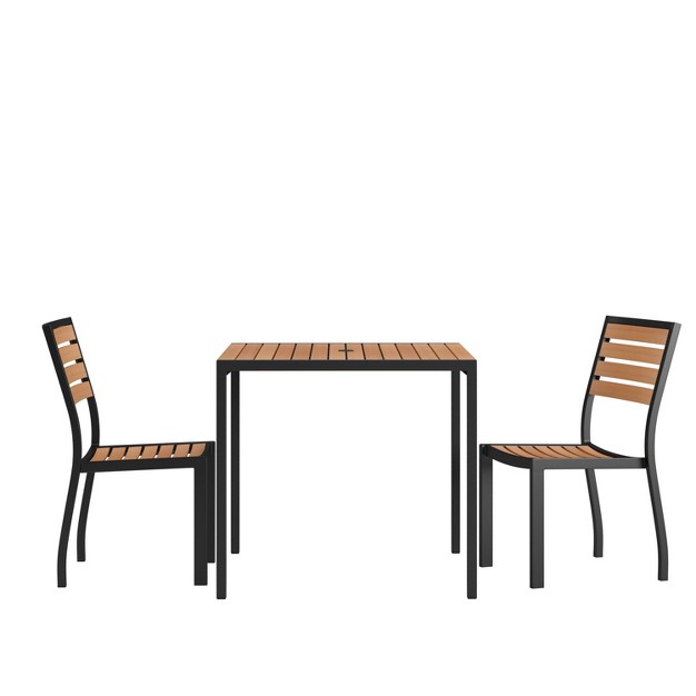 Square Steel Framed Table With 2 Faux Teak Stackable Chairs