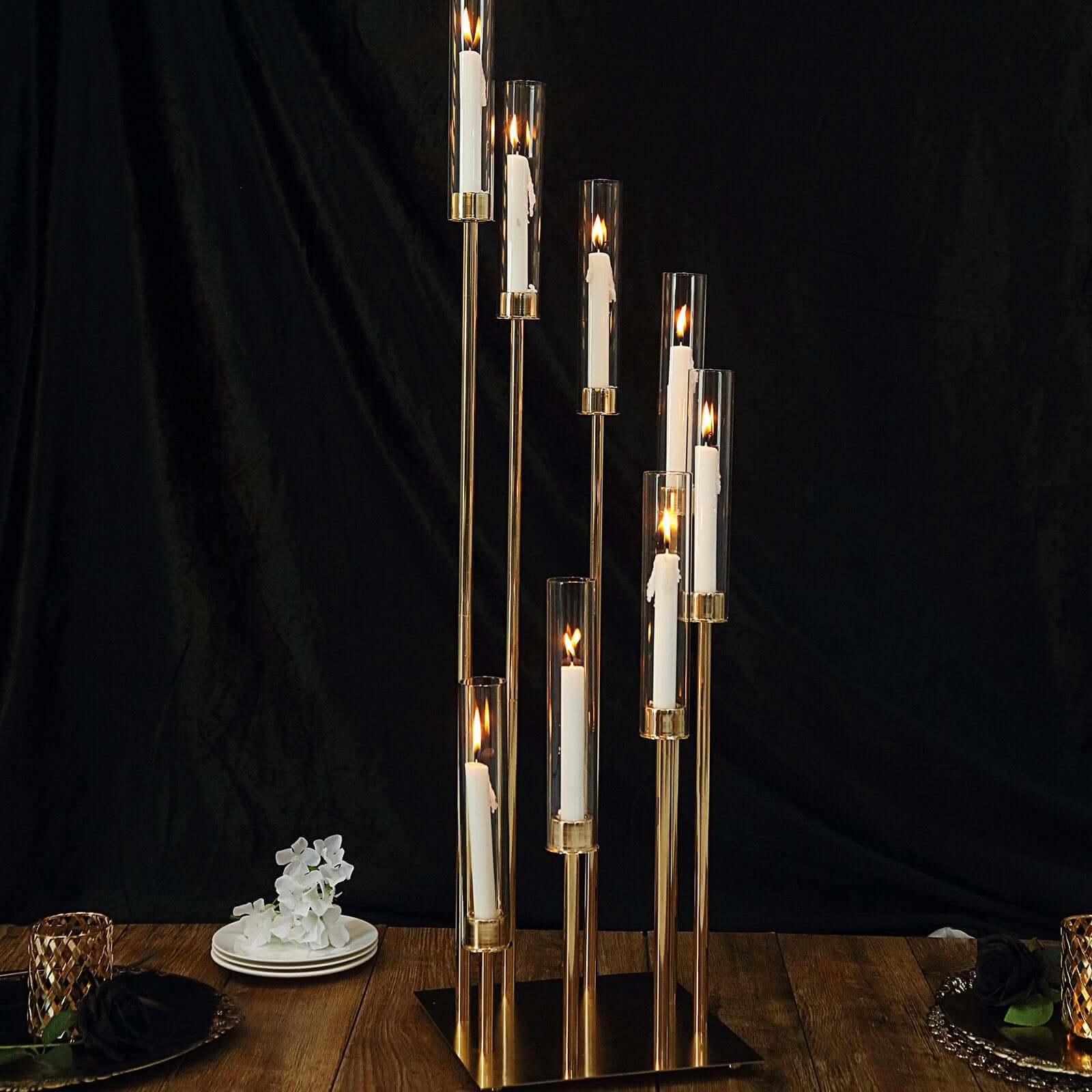 Gold 8 Arm Cluster Taper Candle Holder With Clear Glass Shades, Large Candle Arrangement 42