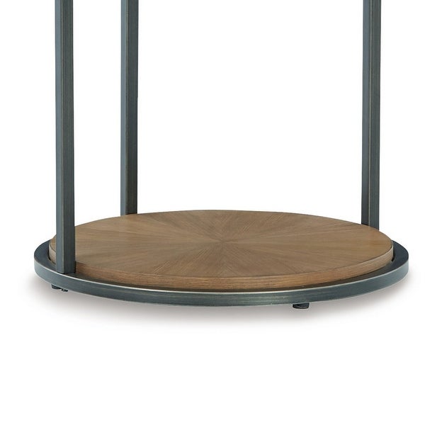 22 Inch Modern Side End Table， Round Wood Top， Black Metal Frame， Brown