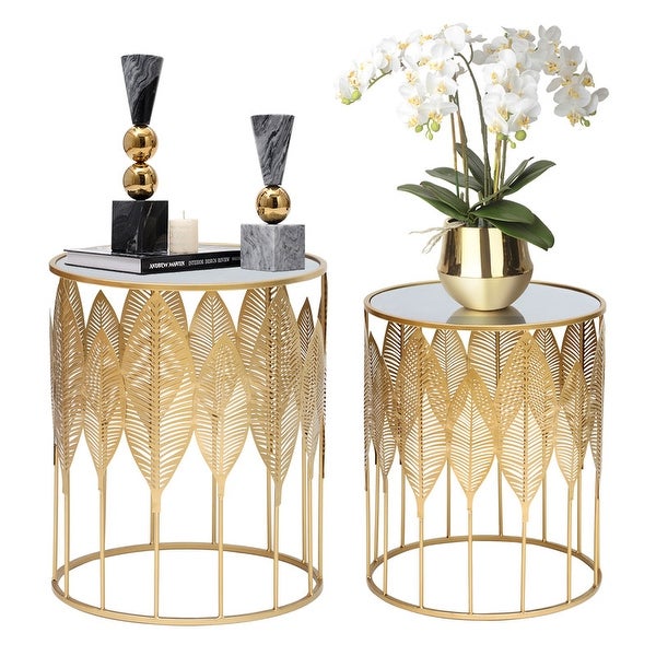 Adeco End Table Set of 2 Gold Accent Coffee Leaves Nightstands Stool - Set of 2